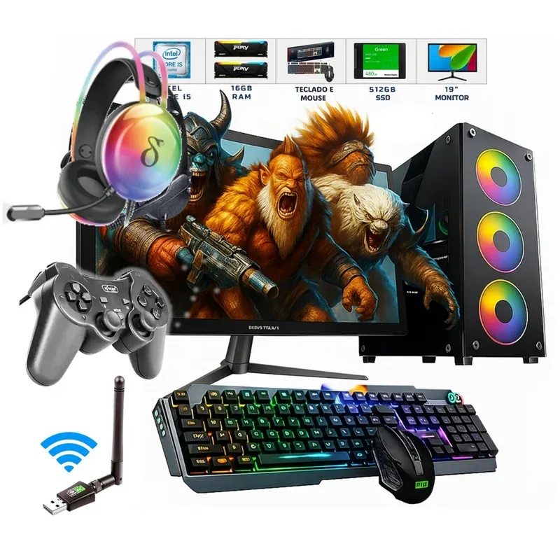 PC Completo i5 3.4ghz Computador 16gb SSD480GB Monitor 19, Teclado Mouse Joystick Headset E Adaptador Wifi