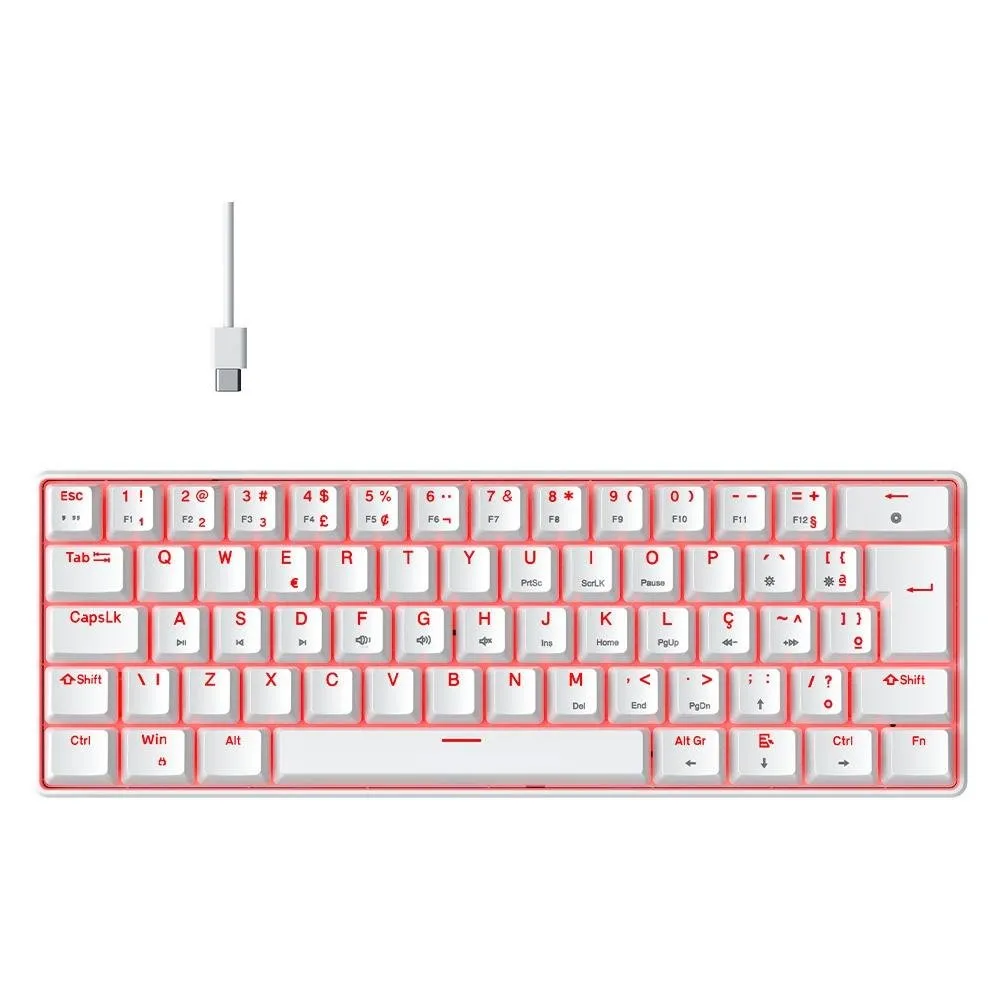 Teclado Mecânico Gamer Hyrax Thunder HCK61, LED Vermelho, Switch Blue, 100% anti-ghosting, ABNT2, Branco - HCK61W-BLUE-LED