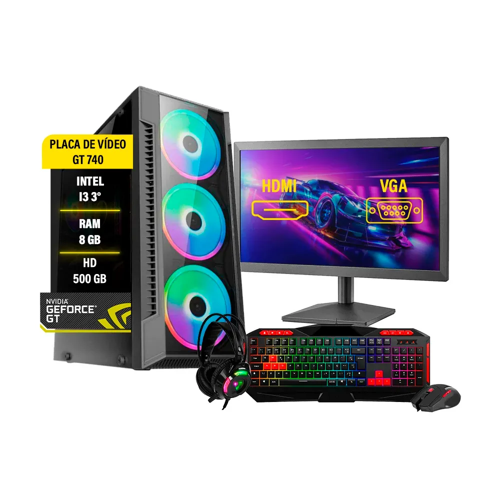 PC Gamer Completo Intel Core i3 3220, 8GB, GT 730 4GB DDR3, 500GB, Windows 10, Preto + Monitor 19 polegadas + Kit multimídia + Webcam