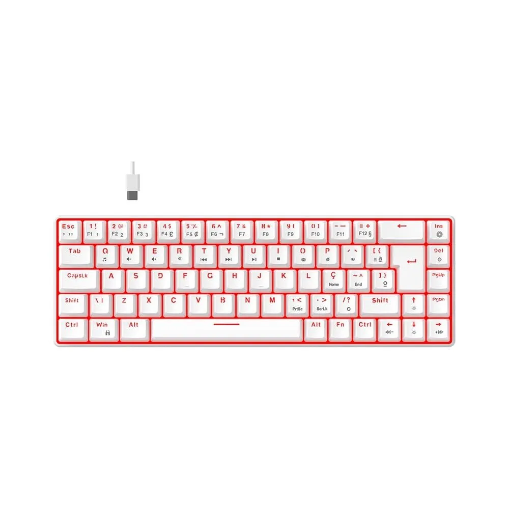 Teclado Mecânico Gamer Hyrax Thunder Pro, Switch Huano Marrom, LED Vermelho, Layout 65%, USB-C, ABNT2, Branco - HCK65W-BROWN-LED