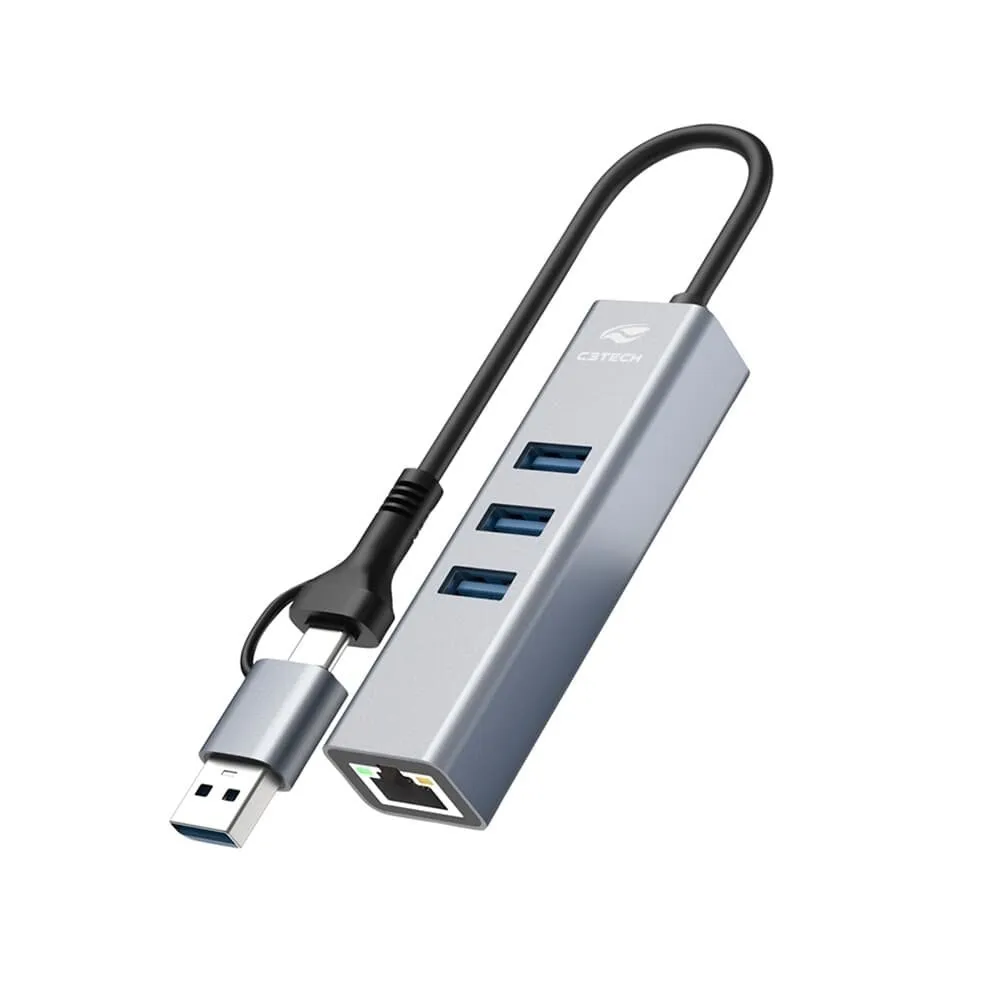 HUB C3Tech USB-C/A 3.0, para 3x USB 3.0, Ethernet, Preto - HU-LAN1000GY