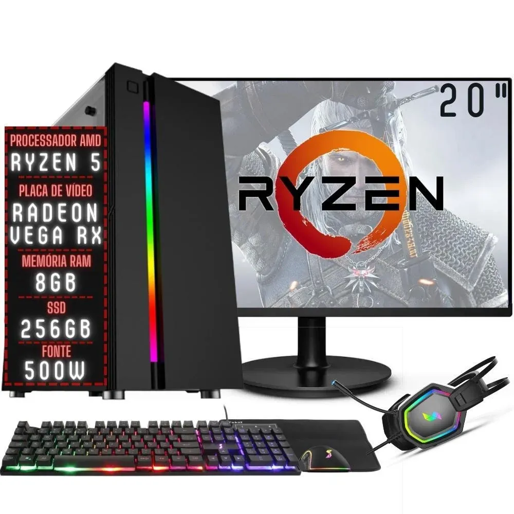 Pc Gamer Completo Balão.info Amd Ryzen 5 8GB Ddr4 Placa De Vídeo Radeon Rx SSD 256GB Monitor 20´´ 75hz Fonte 500w 3gfo-025
