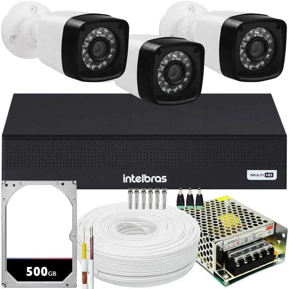 Kit Intelbras Cftv, 3 Câmeras FULL HD 1080p, 2MP + DVR 1004-c, 4 Canais, HD 500GB