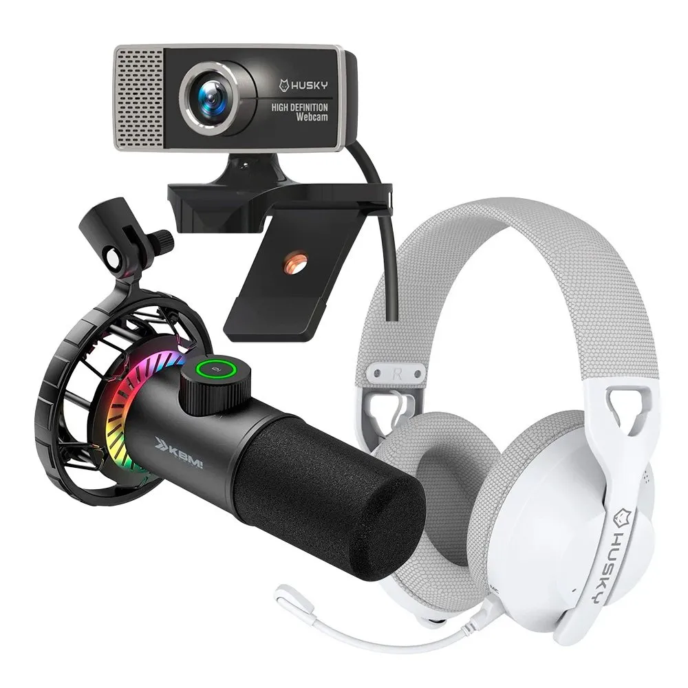 Kit Streamer Microfone Gamer Cardióide KBM! GAMING + Headset Gamer Husky Matilha, P3 3.5mm, Driver 40mm , Branco + Webcam Husky Focus HD 720p, 30fps