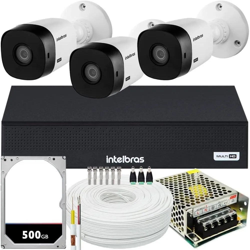 Kit Cftv Intelbras 3 Câmeras Vhl 1220 Full 1080p + DVR Mhdx 3004-c