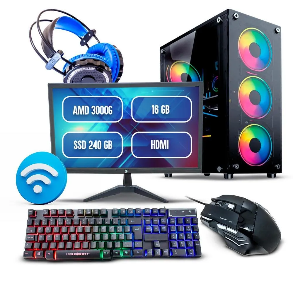 Pc Gamer Completo Mrp, AMD Athlon 3000G, 16GB, SSD 240GB + Monitor 19 LED HD
