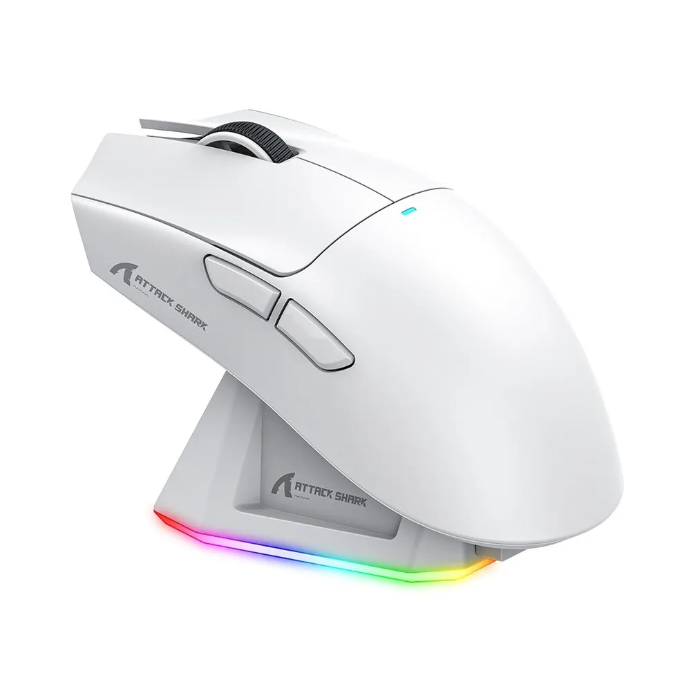 Mouse Gamer sem Fio Attack Shark X11 com Base de Carregamento Magnético RGB, Tri-Mode, 22.000 DPI, Sensor Óptico PAW3311, 5 Botões - Branco