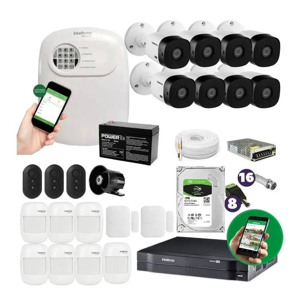 Kit 8 Câmeras De Segurança Intelbras + Alarme Residencial E Comercial + mhdx multi HD, 8 canais intelbras