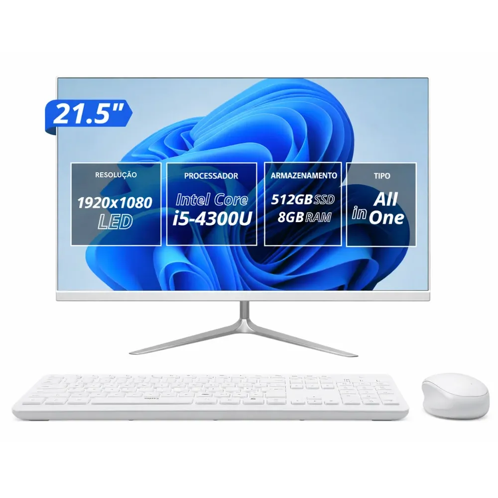 "Computador All In One i5 Tela 21,5"" Full Hd, SSD 512gb 8GB Ram, HDMI Vga Audio P2, Com Teclado E Mouse Sem Fio"