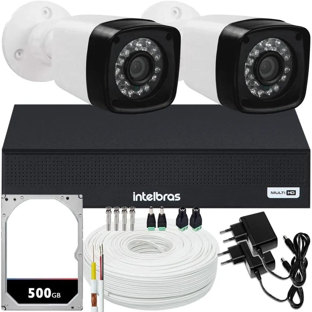 Kit DVR Intelbras 4 Canais H.265 + 2 Câmeras Full HD, 20 Metros, Com HD de 500GB
