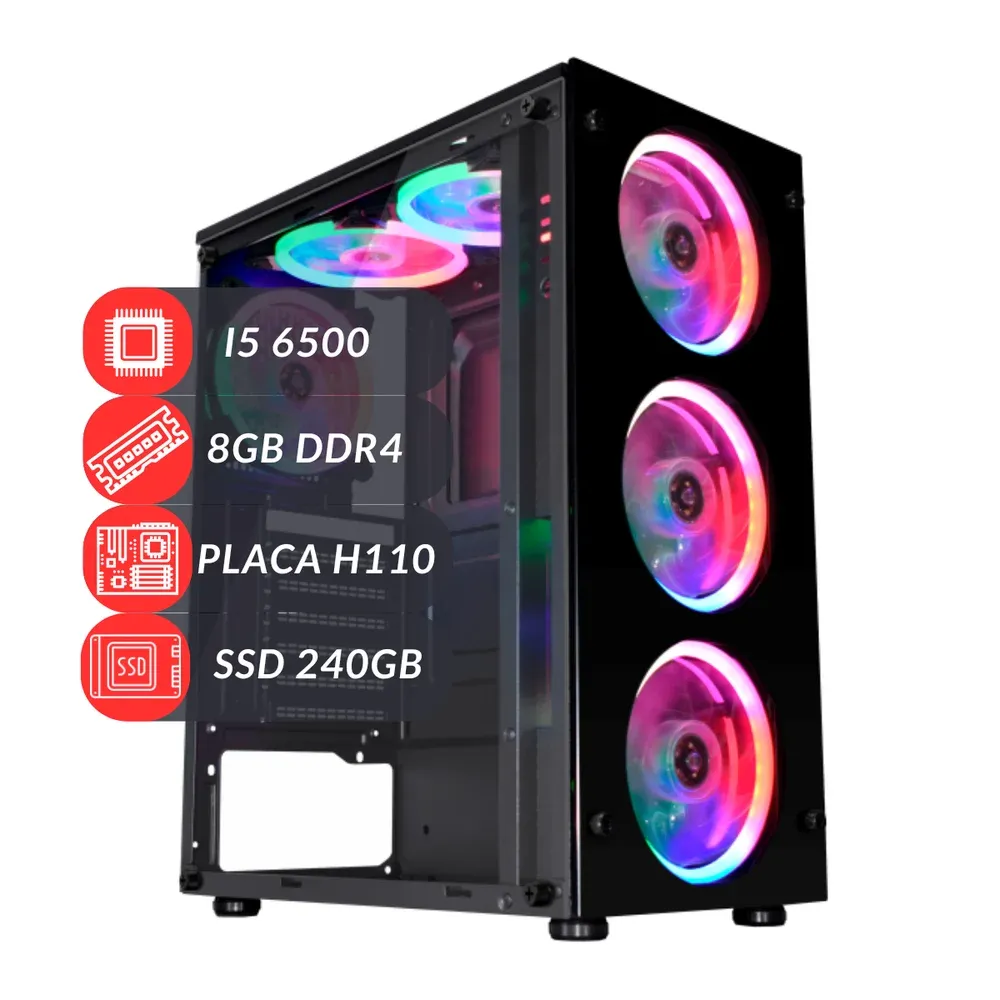 PC Computador Gamer Com Fans RGB i5 6500 Placa H110 8GB Ddr4 SSD 240GB 500w