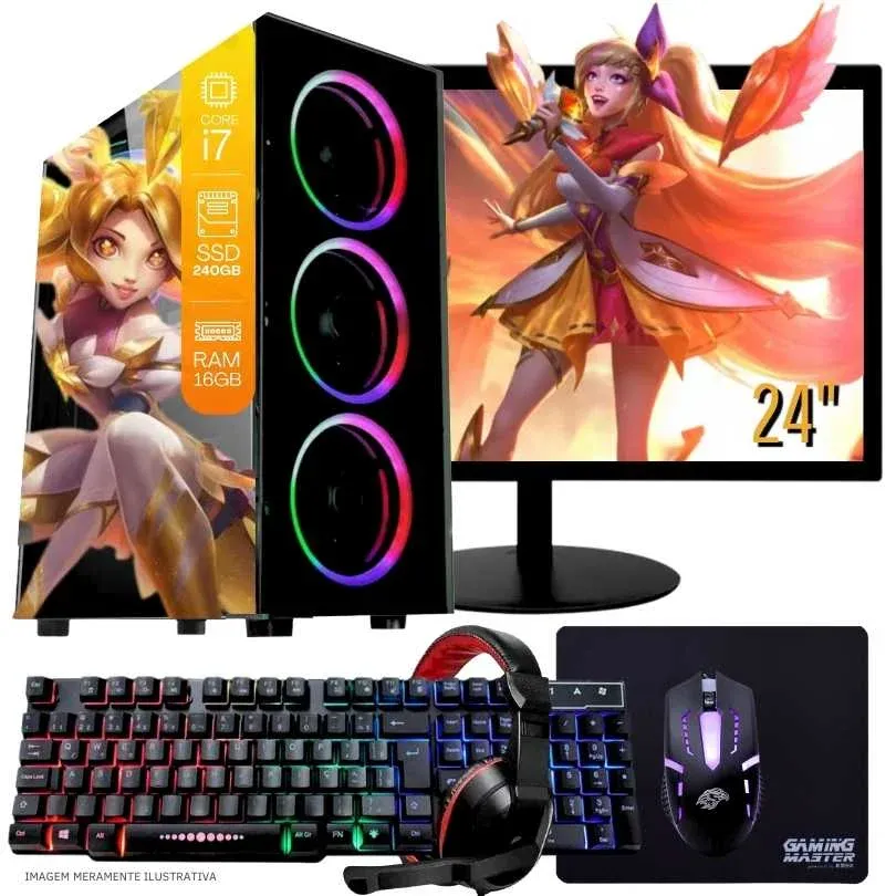 "Computador Gamer Completo Balão.info Intel Core I7 SSD 240GB 16gb Teclado Mouse Mouse Pad E Headset Gamer Monitor 24"" WINDOWS 10 Pro Trial"