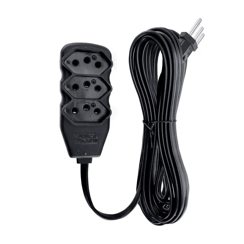 Extensão Force Line, 3 Tomadas Slim, Bipolar, 1.0 Metros, Preto