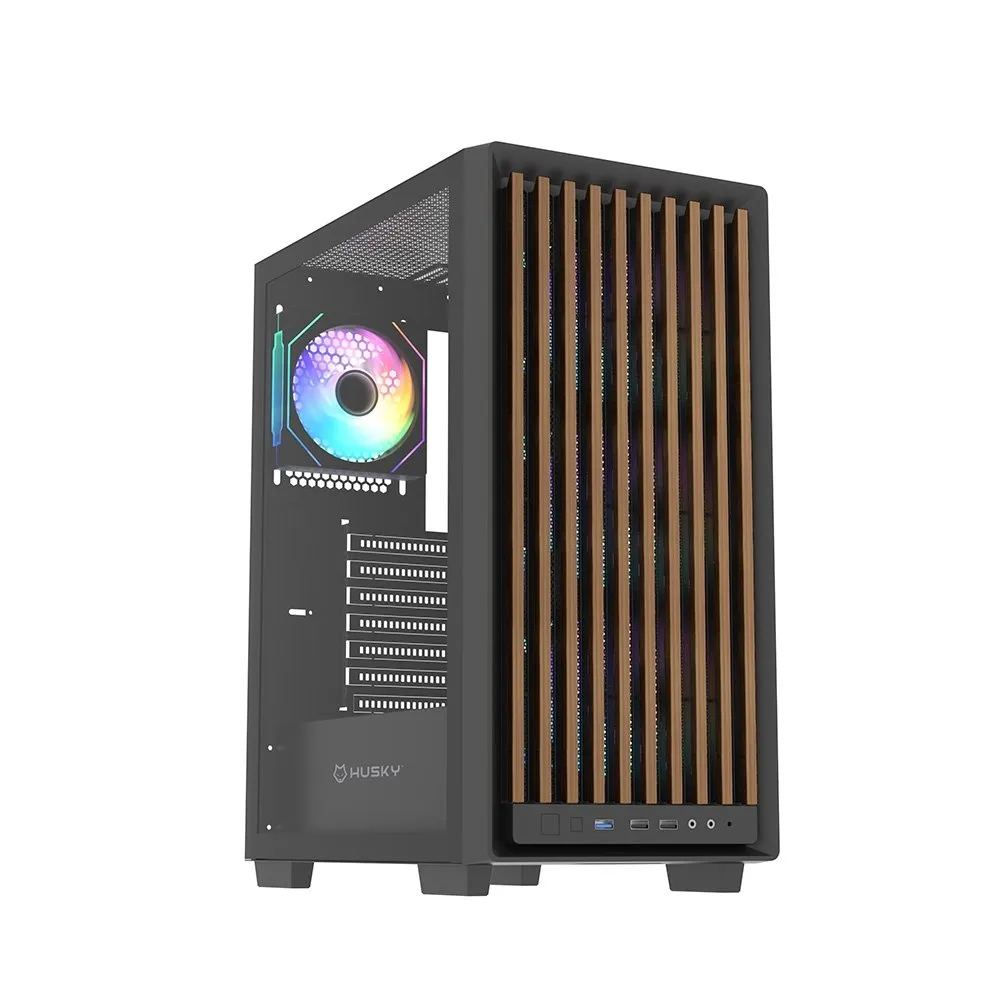 Gabinete Gamer Husky Dome 600, Mid Tower, ATX, Lateral em Vidro, Frontal em Madeira Ripada, Com 4 Fans ARGB, Preto - HGN600PT