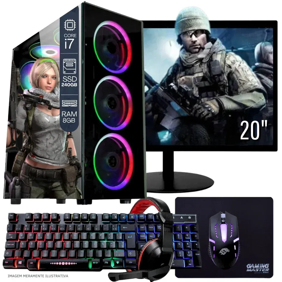 "Computador Gamer Completo Balão.info Intel Core I7 SSD 240GB 8GB Teclado Mouse Mouse Pad E Headset Gamer Monitor 20"" WINDOWS 10 Pro Trial"