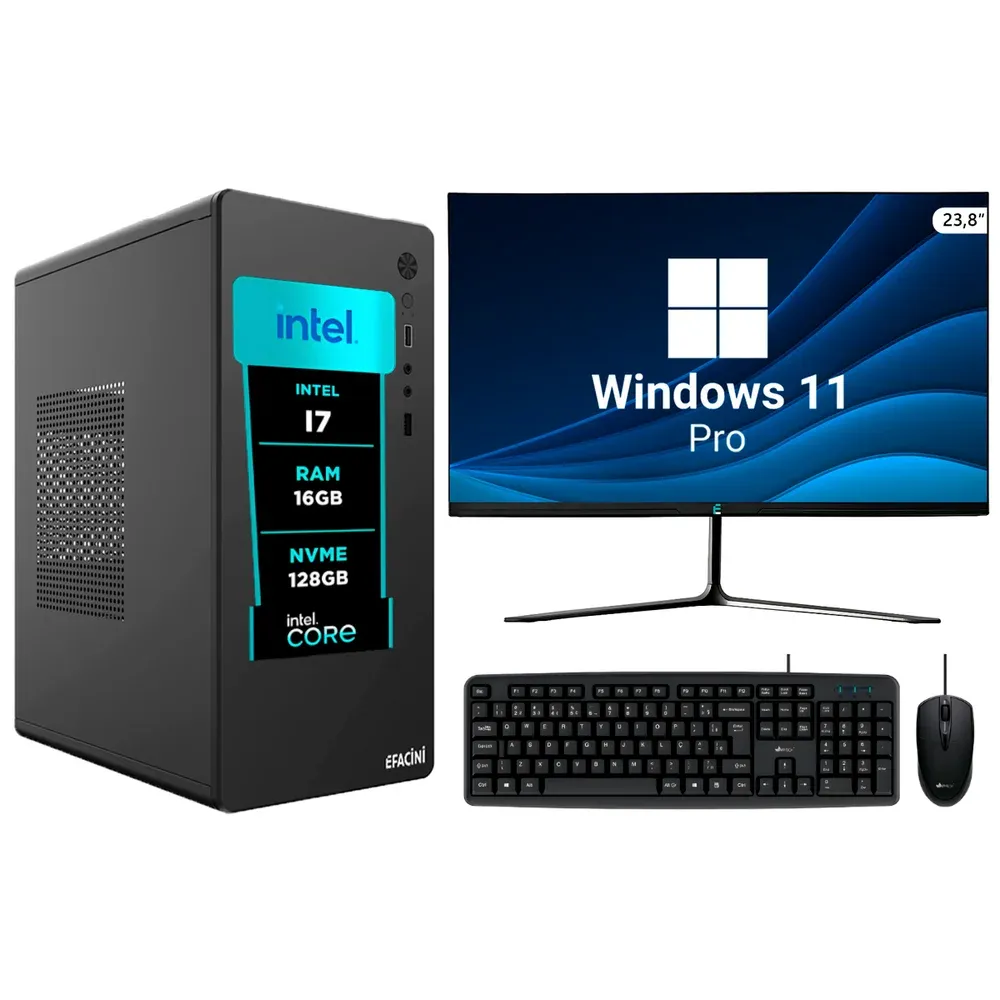 "Computador PC Completo Efacini, Intel Core I7, 16gb, Wi-Fi 6, Bluetooth 5.3, WINDOWS 11 Pro, Monitor 24 "", SSD Nvme - 128"