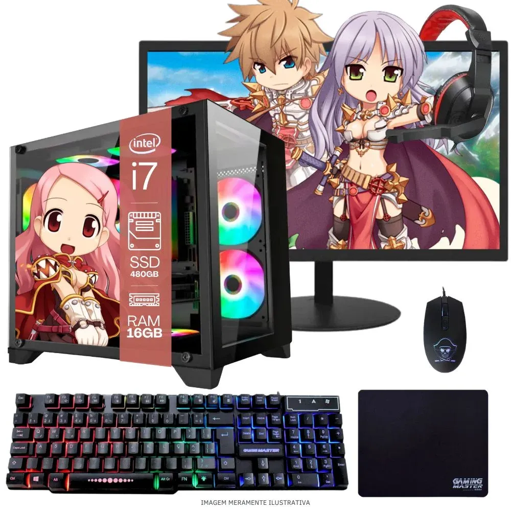 "Computador PC Gamer Completo Balão.info Intel Core I7 SSD 480GB 16gb Gabinete Aquário Teclado Mouse Mouse Pad E Headset Gamer Monitor 23"" WINDOWS 10 Pro Trial"