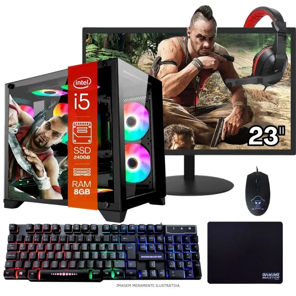 "Computador PC Gamer Completo Balão.info Intel Core I5 SSD 240GB 8GB Gabinete Aquário Teclado Mouse Mouse Pad E Headset Gamer Monitor 23"" WINDOWS 10 Pro Trial"