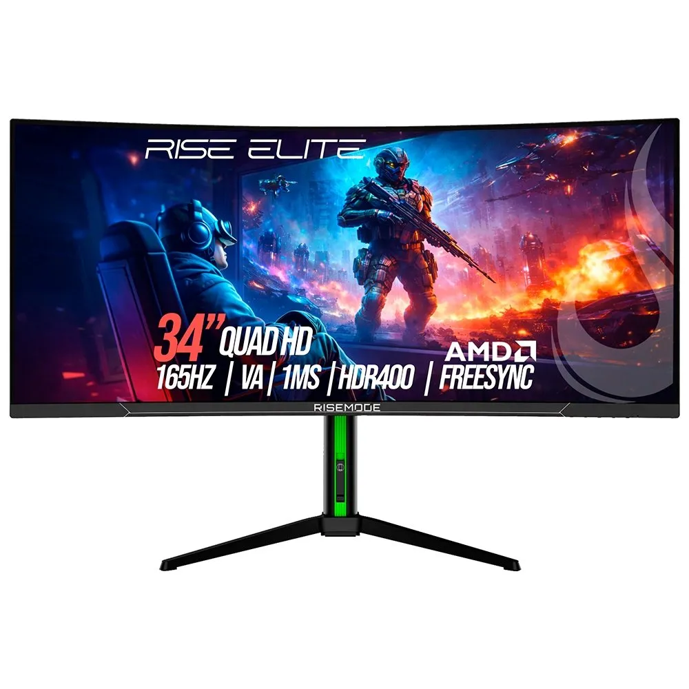"Monitor Gamer Curvo Rise Mode Elite 34"", QHD, 165Hz, 1ms, VA, FreeSync, HDR 400, Preto, DisplayPort e HDMI, sRGB 110%, Ajuste altura - RM-MOG-34C1652K-B"