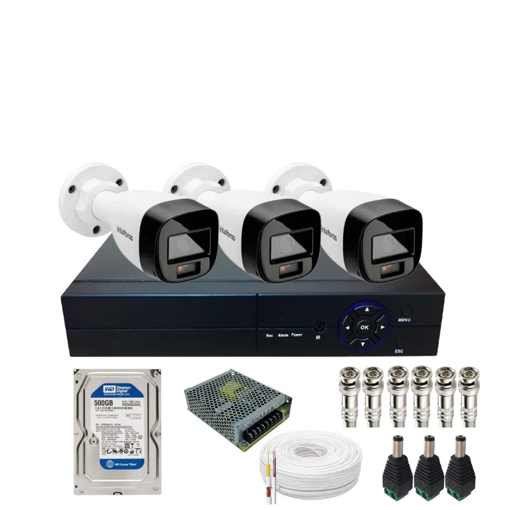 Kit Cftv 3 Câmeras Intelbras 1120b Full Color Dvr 04 Canais Alta Performance Acompanha Hd 500gb Completo