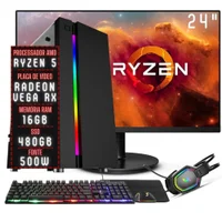 "PC Gamer Completo 3green Force Amd Ryzen 5 16gb Ddr4 Placa De Vídeo Radeon Rx SSD 480GB Monitor 24"" 75hz Fonte 500w 3gfo-044"