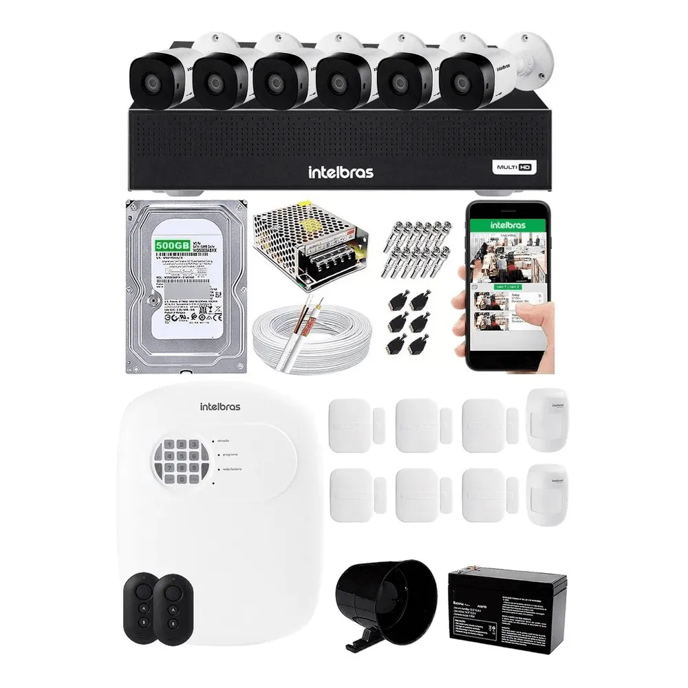 Kit Cftv 6 Câmeras Intelbras + Alarme Residencial + DVR stand alone, 8 canais mhdx