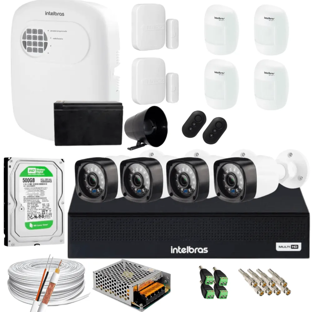 Kit Alarme Residencial + Kit 4 Câmeras Hd 720p Infra