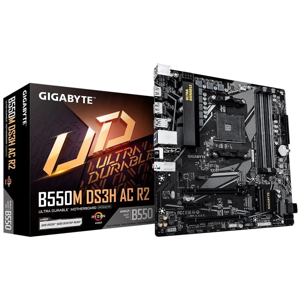 Placa Mãe Gigabyte B550M DS3H AC R2, AMD AM4, Micro ATX, DDR4, RGB, Wi-Fi, Bluetooth, Preto - B550M DS3H AC R2