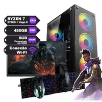 PC Gamer Completo Ryzen 7 5700g c/ Placa De Vídeo Integrada Vega 8, SSD 480GB, Ram 8gb, Wi-Fi, Fonte 500W e Monitor De 20”