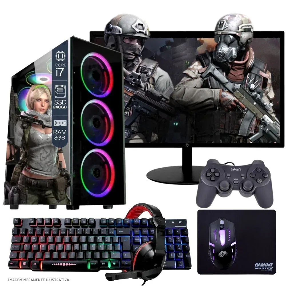 "Computador PC Gamer Completo Balão.info Intel Core I7 SSD 240GB 8GB Teclado Mouse Mouse Pad E Headset Gamer Joystick Monitor 19"" WINDOWS 10 Pro Trial"
