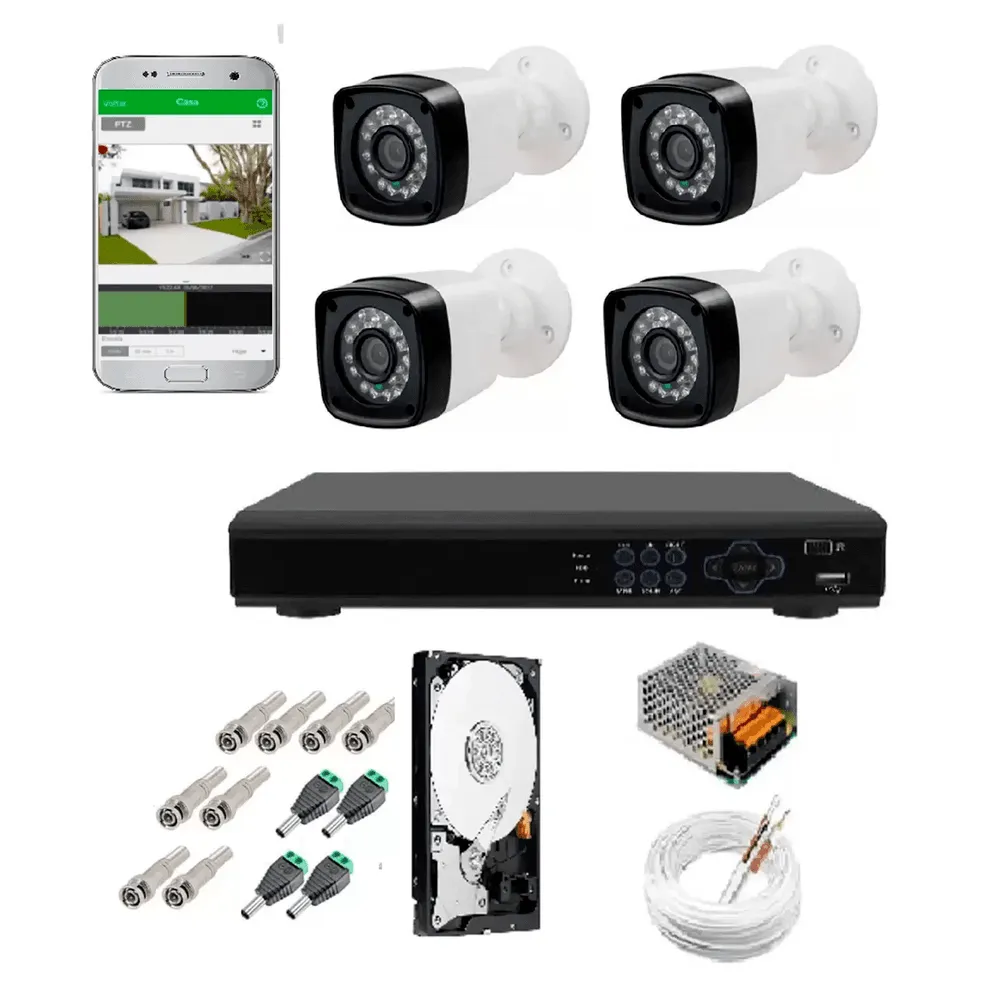 Kit Cftv 4 Câmeras Infravermelho Segurança 1mp 20m Dvr Full Hd 4 Ch C/ Hd C/ Conectores