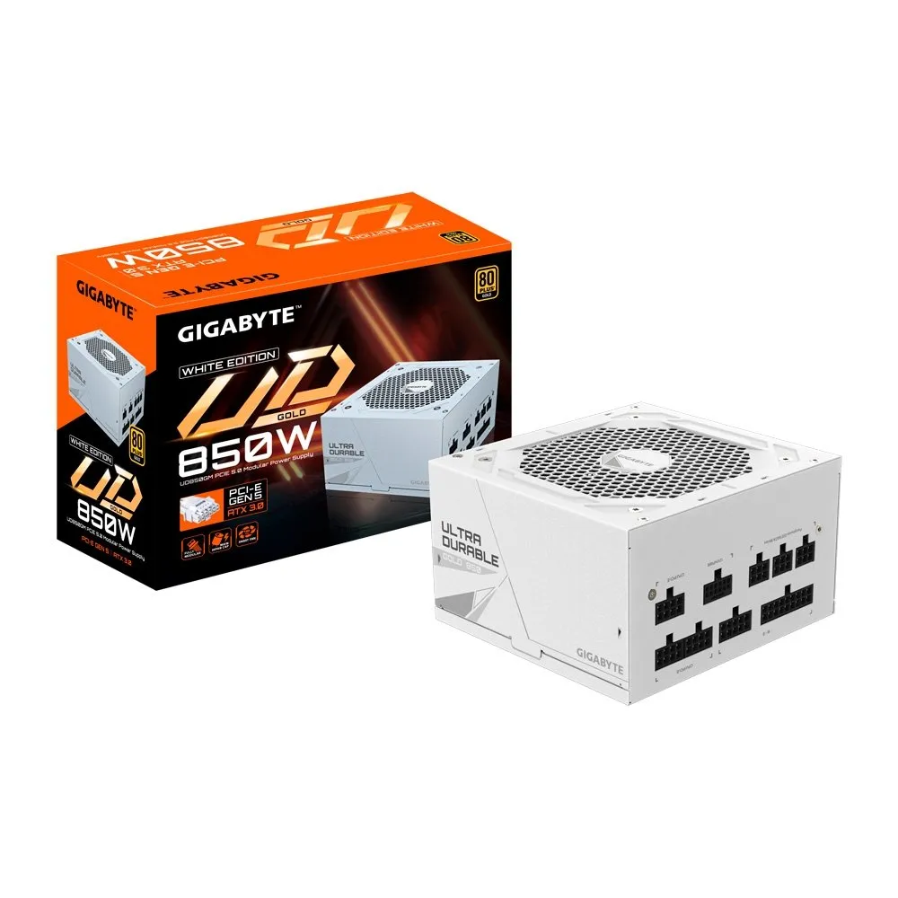 Fonte Gigabyte UD850GM PG5W, 850W, 80 PLUS Gold, Modular, PFC Ativo, Branca - 28200-U85GW-1USR