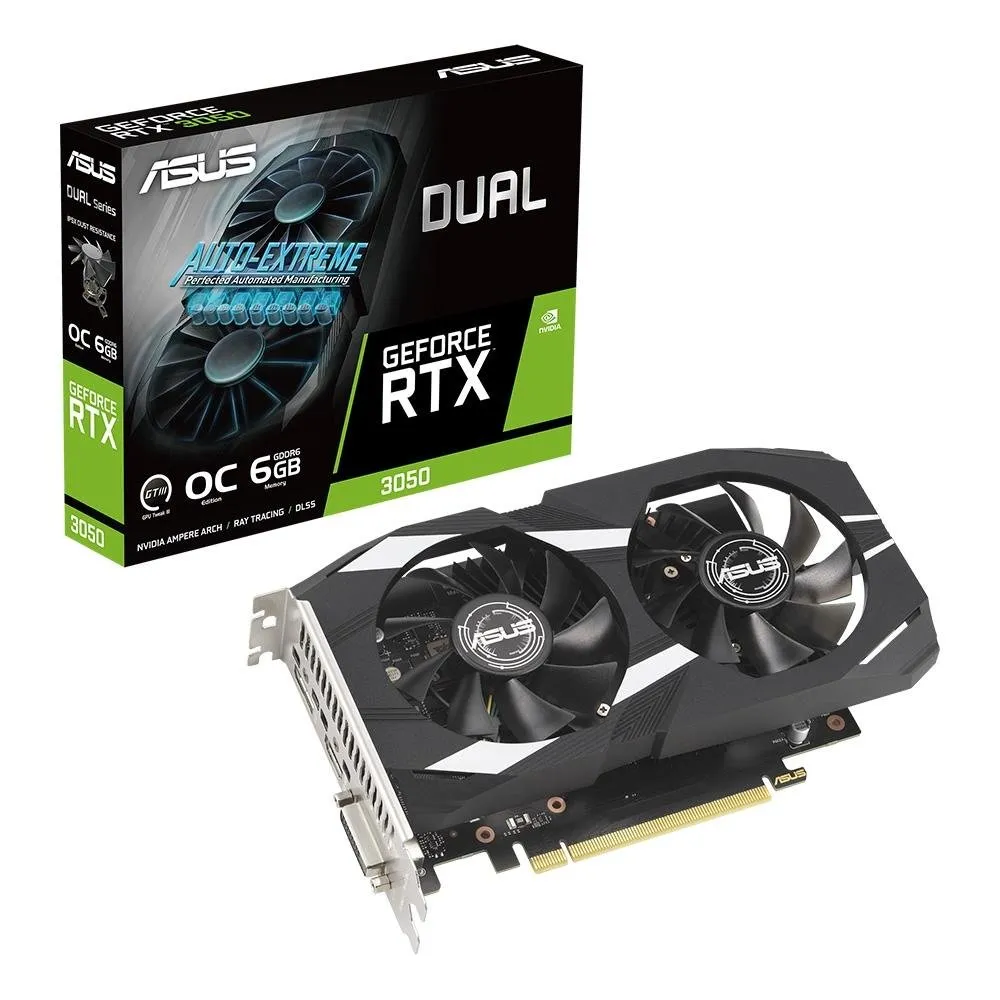 Placa de Vídeo RTX 3050 ASUS 6G Dual OC NVIDIA GeForce, 6GB GDDR6, DLSS, Ray Tracing, G-Sync  - 90YV0K60-M0NA00