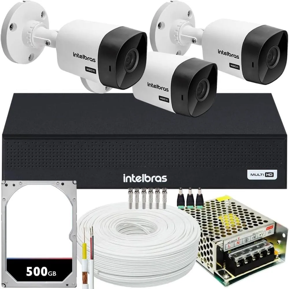 Kit Intelbras Cftv, 3 Câmeras VHC 1120 720p + DVR Mhdx 1004c, HD 500GB