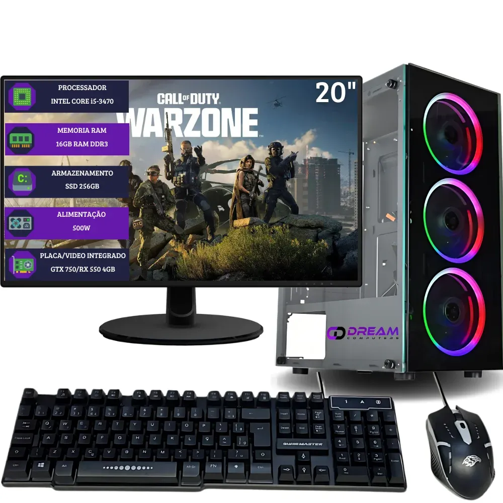 "PC GAMER DreamComputers COMPLETO INTEL CORE i5, 16GB RAM, GEFORCE/RADEON 4GB, SSD 256GB, MONITOR 20"""