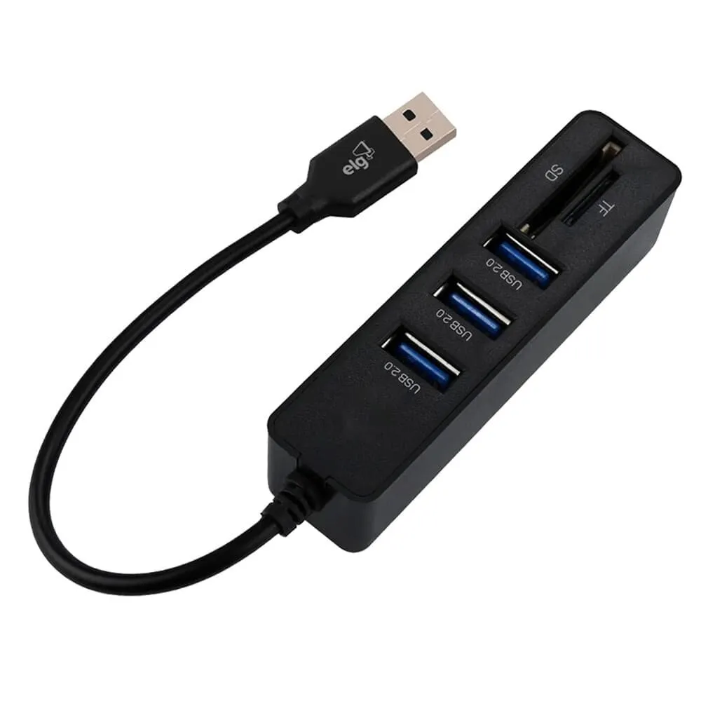 Adaptador HUB ELG USB 5 Em 1, Entrada USB para 3 Portas USB-A + 1 Porta Mini SD Card + 1 Porta Micro SD Card, Preto - HUB51SD-v2