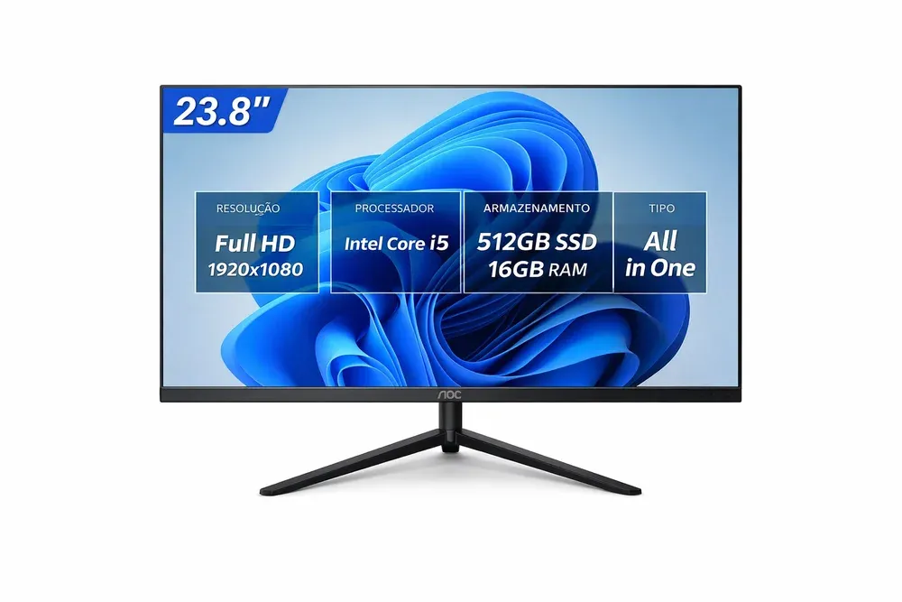 "Computador Aoc PC All In One I5 12° Ger 23.8"" 16gb Ddr 4 512g SSD, Windows 11"