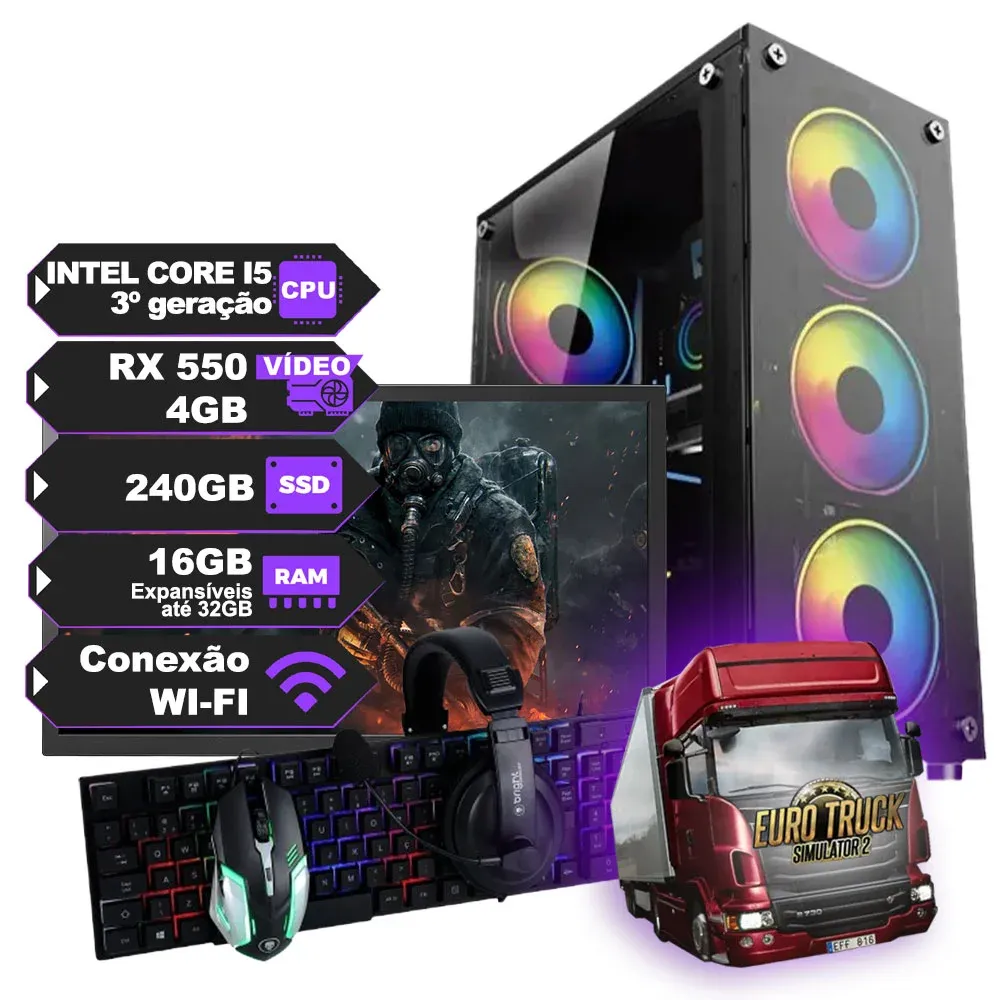 PC Gamer Completo Intel Core I5 3º, RX 550 de 4 GB, SSD 240GB, 16GB RAM, Wi-Fi e Fonte 500W