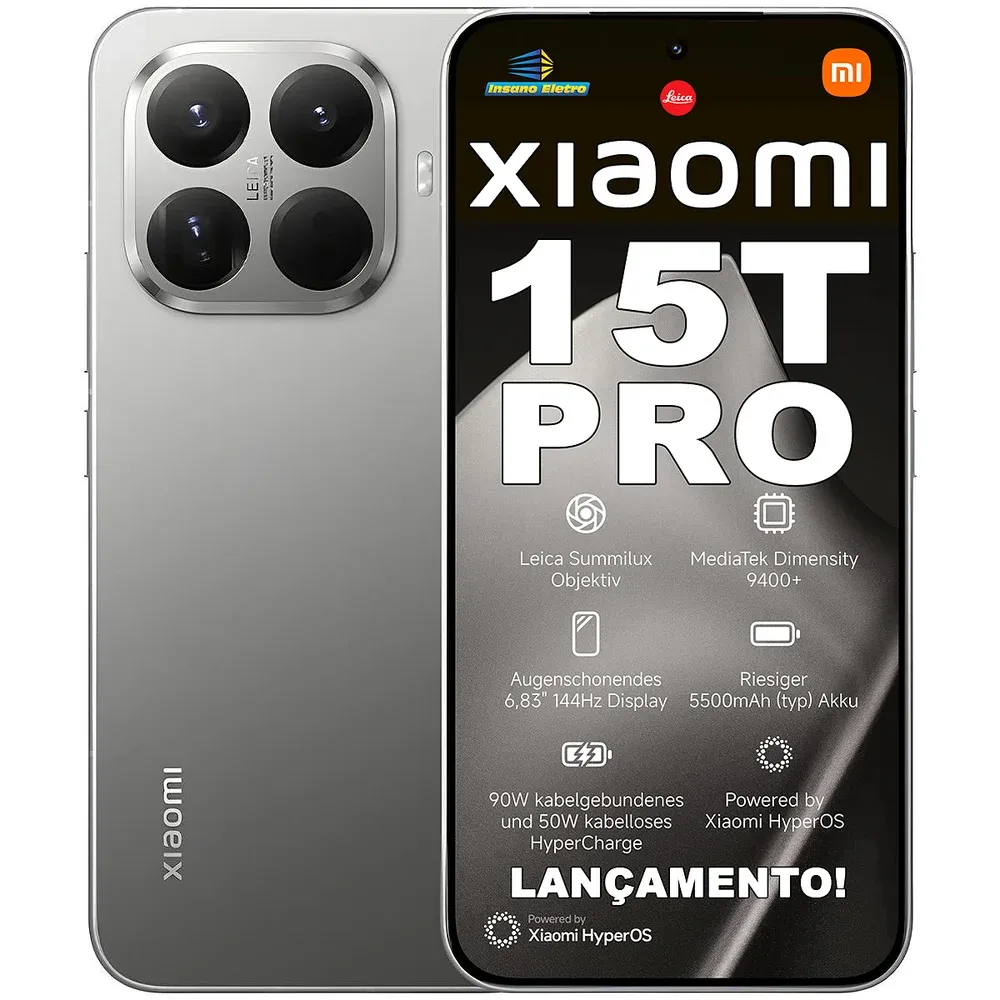 "Smartphone Xiaomi 15T Pro / 512GB / 12GB RAM / 5G / Dual SIM / NFC / Tela AMOLED 6,83"" 1,5H 144Hz / HyperCharge 90W Com Fio e 50W Sem Fio / Bateria 5.500 mAh / Câmera Tripla 50 MP Leica / Proteção Água e Poeira IP68 / Global - Cinza (Gray)"